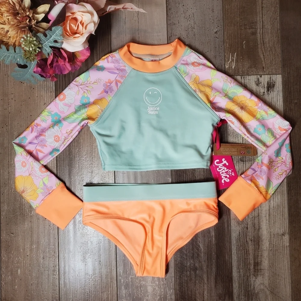 NEW Justice Girls 2pc Rash Guard Kids Swim Set w/ Hipster Bottom Size 5/6 Coral